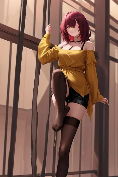 1girl, burgundy hair, medium hair, bangs, one eye covered with hair, yellow eyes, oversized clothes, black shirt, no sleeves, black shorts, black stockings, open neckline, large breasts, standing on one leg, smile