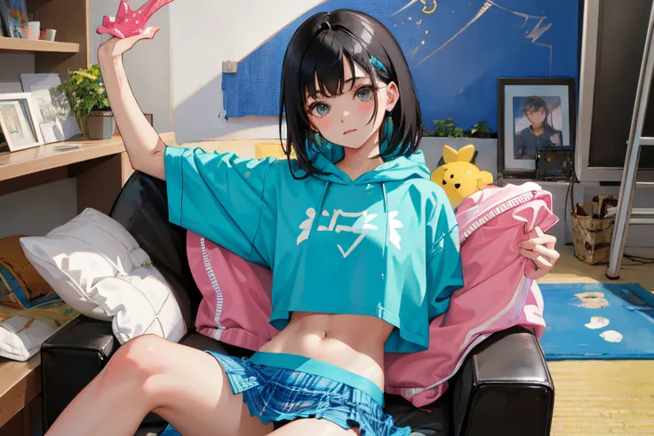 child，（​masterpiece，Highest Quality），turquoise short sleeve hoodie，Crop Top Look，Plaid mini skirt，A dark-haired，carpet