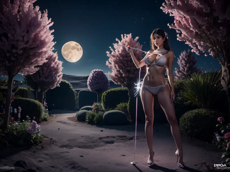 Picture a garden on the moon where 3D roses bloom under the soft lunar glow, with Cupids arrows creating heart-shaped craters and fractal moonbeams illuminating the scene. enormous tits, (full body:1.5)