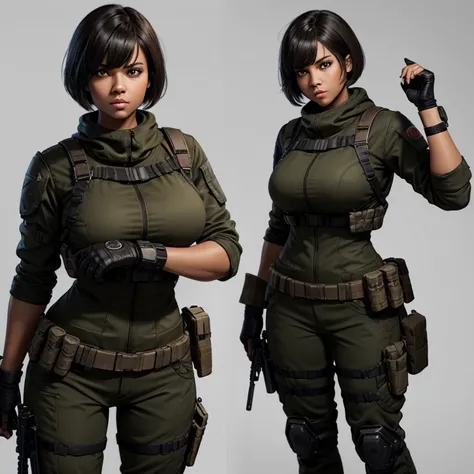 Create a call of duty character of a curvy light brown skin women that looks mean, has short black hair and bangs, and has red eyes.