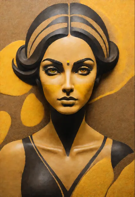 A painting depicting a stylized portrait of a woman is painted on dark marble with sand, sand painting, sand art, dark marble and yellow sand