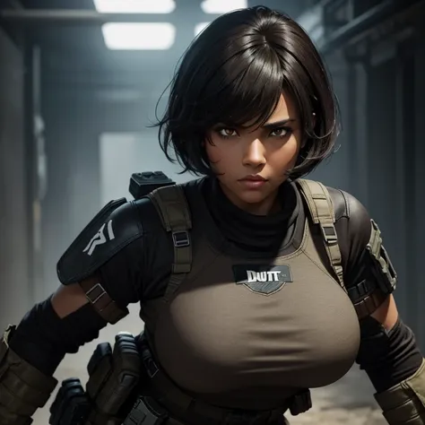 Create a call of duty character of a curvy light brown skin women that looks mean, has short black hair and bangs, and has red eyes. She looks mature and strong