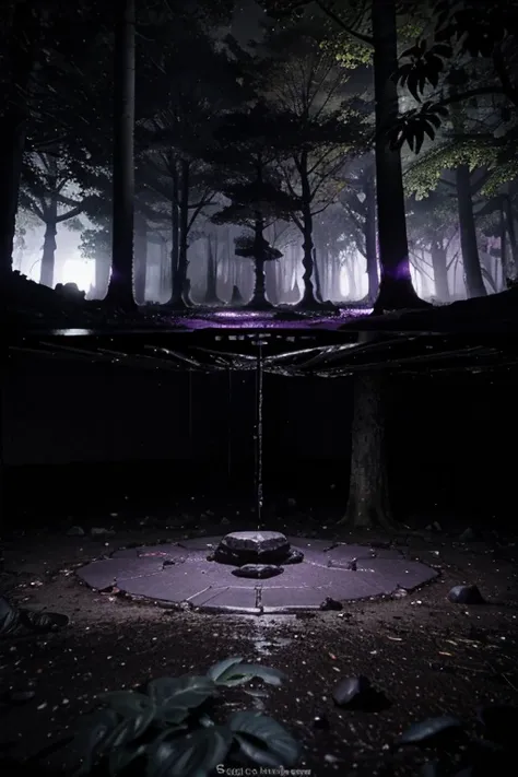 3D Dark purple dense jungle dense forest, dark purple-black clay on the ground, iodine, dark rocks, rain, night, depth, puddles of water, gooey alien tree, gooey alien plants, jagged floor, strange alien leaves, uneven terrain, big hexagon black stone betw...