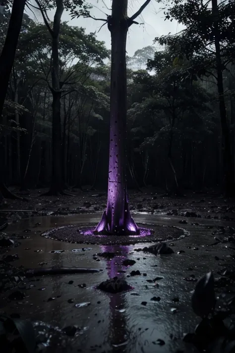 3D Dark purple dense jungle dense forest, dark purple-black clay on the ground, iodine, dark rocks, rain, night, depth, puddles of water, gooey alien tree, gooey alien plants, jagged floor, strange alien leaves, uneven terrain, big hexagon black stone betw...