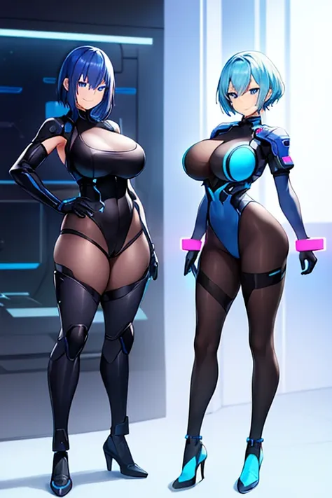 2girls, blue hair, very short hair, blue eyes, breasts, large breasts, smile, smirk, smug, bodysuit, black bodysuit, tech, futuristic, science-fiction, neon, neon trim, pantyhose, black pantyhose, full body, ((full body))