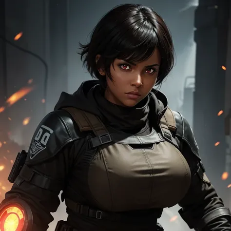 Create a call of duty character of a curvy light brown skin women that looks mean, has short black hair and bangs, and has glowing red eyes.  She looks mature.