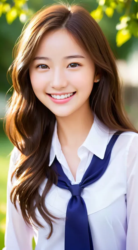 (optimistic and bright personality:1.3),(she is easily excited by new ideas:1.3),Close-up of only the face,Talking,Great smile,Beautiful High School Girl,School uniform,Laughing,tie,a bow tie,in a school,nffsw_basic 2,masutepiece,(Realistic:1.2),Highly det...