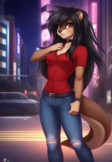 fluff-kevlar, by fluff-kevlar, anthro, ((otter)), female, ((1woman)), ((small breasts)), ((long hair)), ((black hair)), city scene, on e621, choker, detailed body, finely detailed eyes, finely detailed paws, punk style, female focus, ((nipple bump)), (hair...