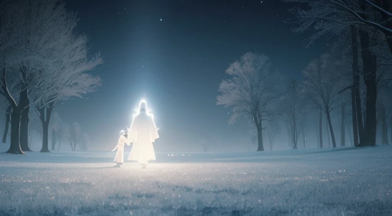 (a peaceful,tranquil,breathtaking,serene:1.1)white-dressed (ghostly,ethereal) father figure and (a 12-year-old, pre-teen) boy (son) (together,in unity, hand in hand) in the sky