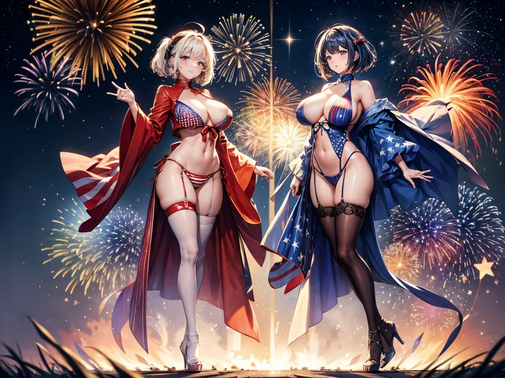 Picture a grand 4th of July celebration where fireworks explode in the night sky, intertwining with fractal patterns, creating a mesmerizing display of patriotic colors and abstract shapes. enormous tits, (full body:1.5)