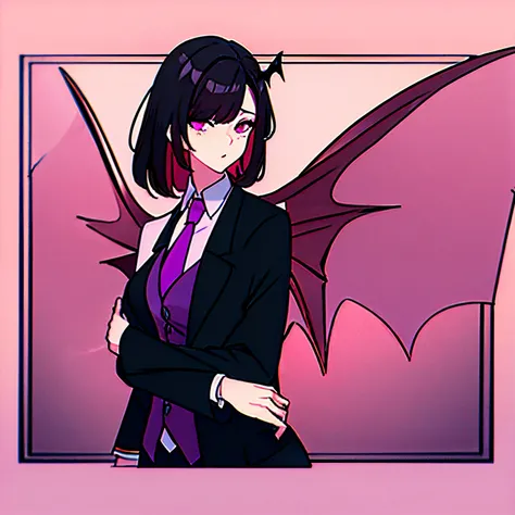 male, short black hair with pink and purple highlights, pink eyes, suit and tie with a over sized sweater, bat wings