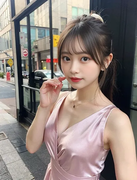 Random posture、(extremely delicate and beautiful work)、(​masterpiece)、1girl in、Girl in pink satin dress、ighly detailed、West Creek、Ponytail distortion、tempting look、Beautiful clear eyes、green eye pupil、delicate necklaces、Delicate earrings airy raspy backgro...