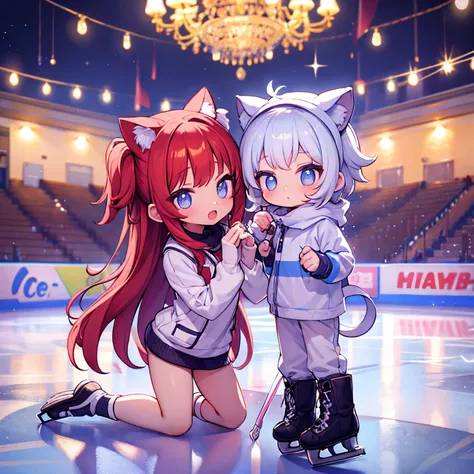 ​masterpiece,cute girl and real kitten,ice skating,ice rink,figure skating costumes,ice rink