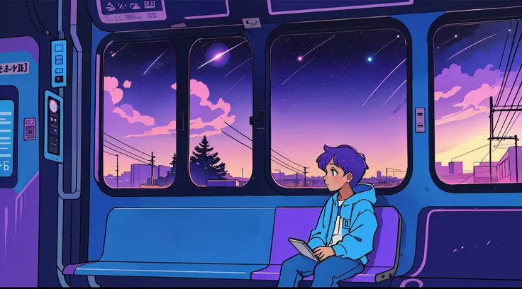 a boy is sitting on a train bench and looking out a window at the landscape passing by, at sunset, stars, starry sky, Elogio Artstyle, Arte Lofi, lofi aesthetic, Lofi Sensation, Hip Hop Lofi, menina , Retrato Lofi, lo fi, arte lo-fi, vibe, badass vibes , c...