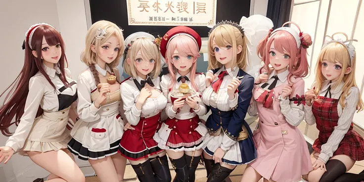 harem girls, multiple colored hairs, sweet maids, cute faces, super happy smiling, open mouth smirking face, red blush cheeks, group shot, zoom camera, sweet tea party, lots of cakes, macarons, chocolates, parfaits, cookies, land of sweets, blond hair, sho...