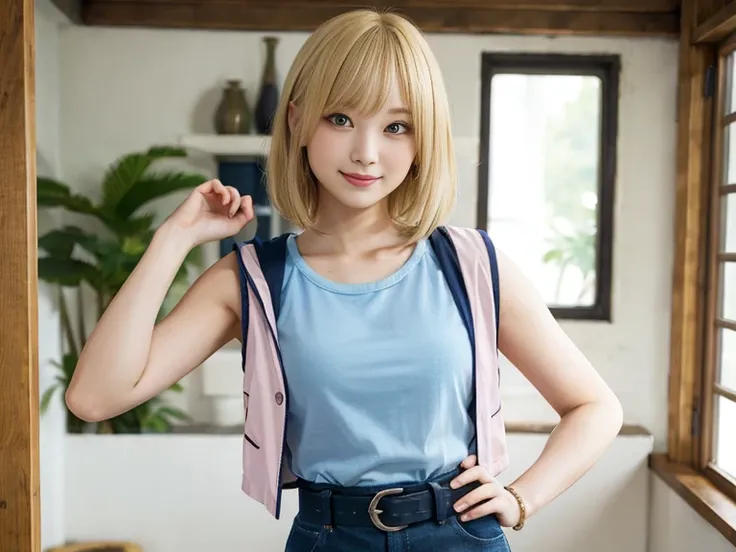 blond woman in a、shorth hair、Smaller chest、Short sleeve T-shirt in pink color、Wearing a navy sleeveless jacket over a t-shirt、Wearing light blue jeans、Wearing a black belt、A bracelet、Posing with a smile at home(top-quality、Master masterpiece)))、HD fine、igh...