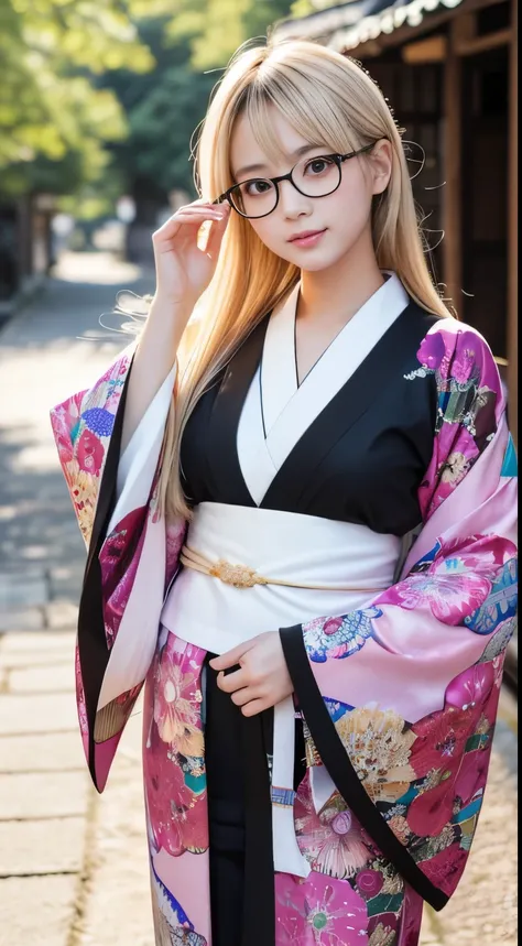 Best-quality, Masterpiece, Ultra-High-Resolution, (Photorealistic:1.4), Raw-Photo, Extremely-Details, Perfect-Anatomy, 

1girl, 16-years-old, the most famous Japanese idol, wearing only luxurious colorful Japanese KIMONO and glasses with cute design, in an...