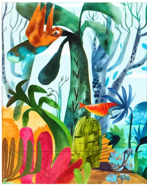 pintura de peixes e plantas em estilo aquarela colorido, selva colorida, inspirado em Henri Rousseau, pintura misteriosa da selva, inspirado em Romare Bearden, No estilo de Henri Rousseau, Jane Newland, vibrant gouache painting scenery, Uma paisagem tropic...