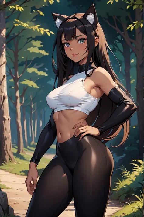 beautiful young woman with cat ears on her head, com rosto bem detalhado e bonito, belos olhos, belos olhos, rosto lindo, beautiful young woman wearing long brown leggings with black details, sueter apertado branco, Standing in a forest, usando bota preta,...