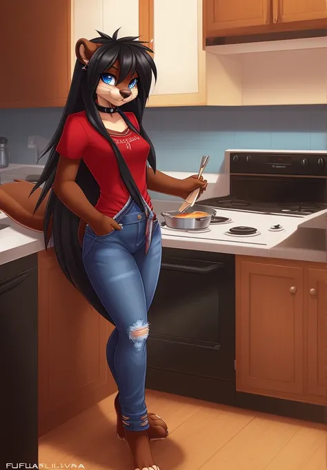 fluff-kevlar, by fluff-kevlar, anthro, ((otter)), female, ((1woman)), ((small breasts)), ((long hair)), ((black hair)), kitchen, cooking, apron, on e621, choker, detailed body, finely detailed eyes, finely detailed paws, punk style, female focus, (hair det...