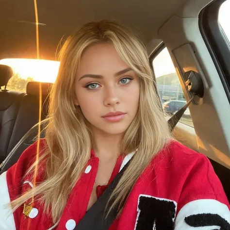 full body portrait photo of a 23-year-old blonde (hazel-eyed woman), blonde hairstyle, wearing white spots jacket and gym shorts, posint inside car during the day time, (neckline), details (textures! , hair! , glitter, color!! , disadvantages: 1.1), glossy...