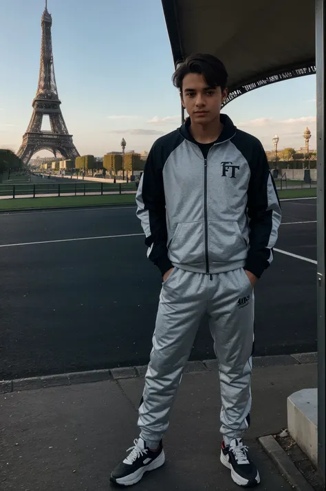 A boy standing in front of Eifel tower in track suit in style of someone capturing from fornt