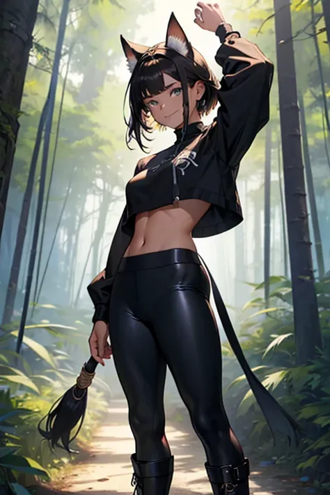 beautiful young female warrior fighter with cat ears on her head, com rosto bem detalhado e bonito, belos olhos, belos olhos, rosto lindo, beautiful young woman wearing long brown leggings with black details, sueter apertado branco, Standing in a forest, u...