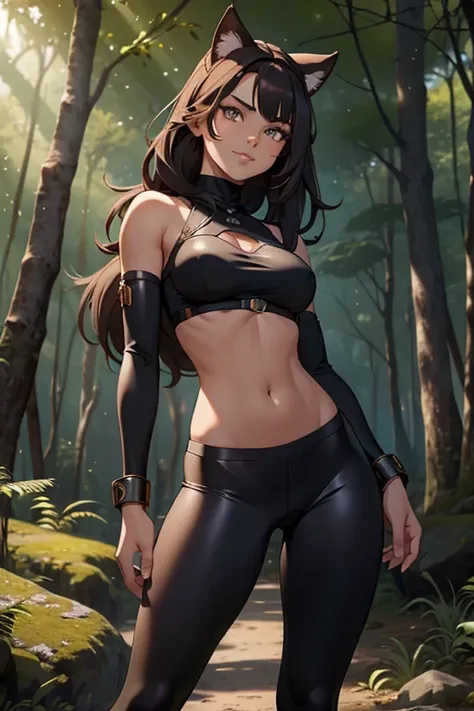 beautiful young female warrior fighter with cat ears on her head, com rosto bem detalhado e bonito, belos olhos, belos olhos, rosto lindo, beautiful young woman wearing long brown leggings with black details, sueter apertado branco, Standing in a forest, u...