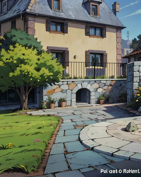 courtyard of a house with grass and stones. mesa de madeira. clima de haloween. fundo do anime. well-defined dash. intrincate de...