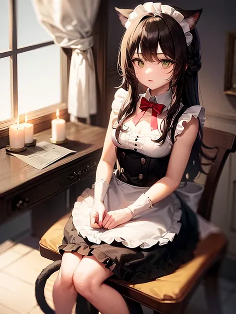 night time. Girl with green eyes and long brown hair. Two short curls lie on her shoulders in front. The main part of the hair is loose and visible from behind. The cat&#39;s tail is visible from behind. dressed in a maids uniform, and wears cat ears as a ...