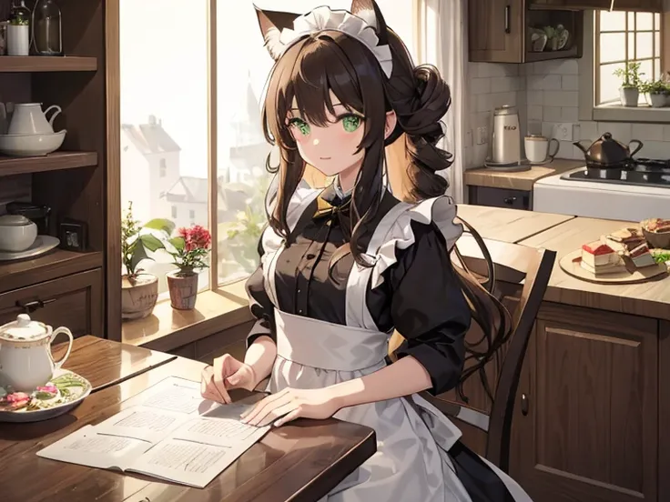 night time. Girl with green eyes and long brown hair. Two short curls lie on her shoulders in front. The main part of the hair is loose and visible from behind. The cats tail is visible from behind. dressed in a maids uniform, and wears cat ears as a headd...