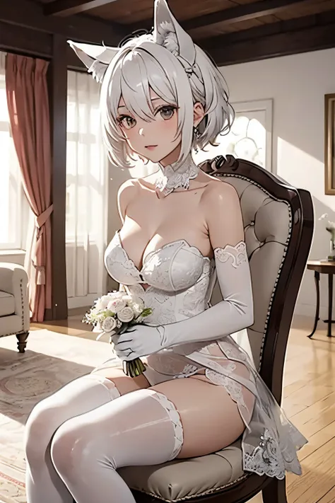 masutepiece　high-level image quality　Top image quality　8K　 Lady（Soio）　Portrait　white long glovelan gloves））　white panty hose（（blanche））　weddingdress（（Tube Top）blanche））　gargantilha　lead　Wolf ears　shorth hair（（short-cut）（White hair）（perm）（fluffly））　Eye colo...