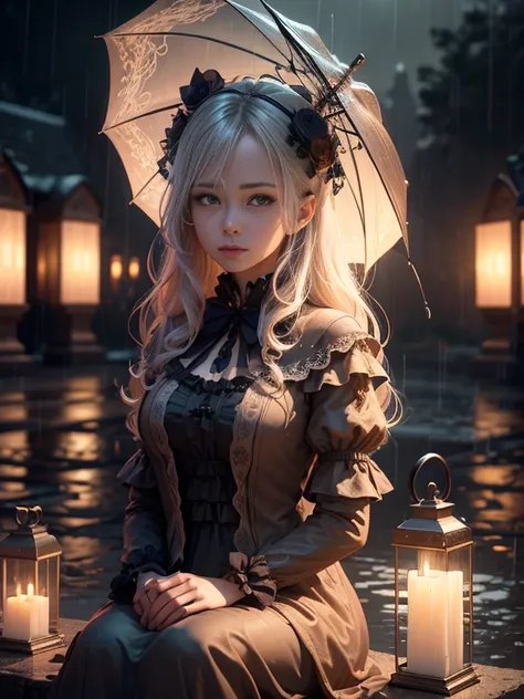 (extremely detailed CG unity 8k wallpaper), a beautiful young woman in the rain, dress, sitting, graveyard with lanterns, Style-Empire, (Style-Glass), (((surrealism))), full_body_shot, dramatic, backlit, light rays, volumetric lighting, detailed face, high...