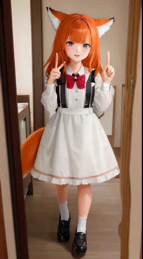 1girl, maid dress, indoors, straight-on, full body, fox girl, orange hair, peace sign