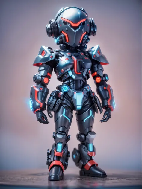 (Blind box toy style:1.2), (Full body shot) , 1 cute strong metal mage, Metal mech，Metal opaque helmet, cyber punk perssonage, dreamy glow, Clean, Black draft,red and blue style， ( Global illumination, Ray traching, hdr, unreal render,reasonable design, hi...