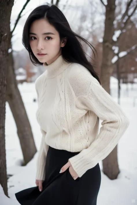 Best Quality, masutepiece,4K high image quality、 Black hair,Detailed（F-cup）, Dark eyes, A long skirt that flips in the wind, Floating hair, yuki, Upper body, Detailed face, Winters, Trees, Sunshine,White sweater,Detailed eyes,(Realistic:1.2),２５age、One woma...