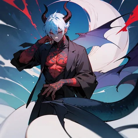 It has blue horns resembling a crescent moon. It has a long tail like a dragon. A skull covering his face, no face, and a red tattoo across his chest. There was only one eye beneath the cleavage.
He is a handsome dragon demon. He doesnt wear clothes.