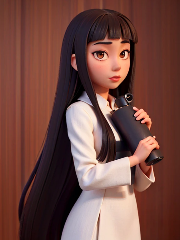 an asian woman, Girl with long black hair, Without bangs,  with big brown eyes, cape, woods, witchy, strict, Lonely, Magic