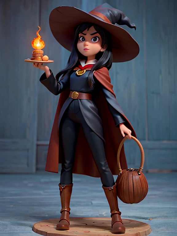 Disney, Pixar, an asian woman, Girl with long black hair, without bangs,  with big brown eyes, cape, woods, witchy, strict, Lonely, Magic