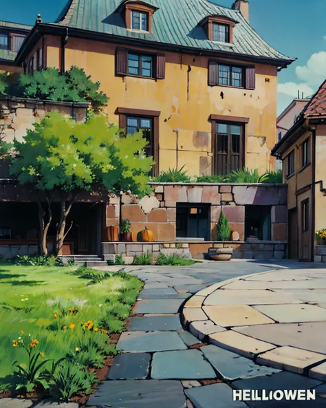 Courtyard of a house with grass and stones. mesa de madeira. Clima de Haloween. Fundo do anime. Well-defined dash. intrincate details. manga cover. poster