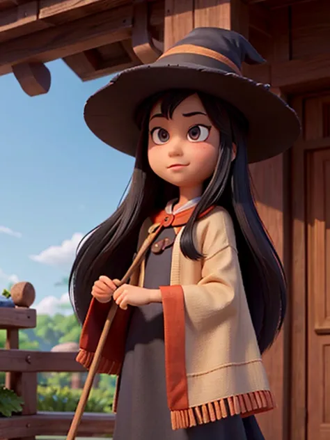 Disney, Pixar, an asian woman, Girl with long black hair, without bangs,  with big brown eyes, cape, woods, witchy, strict, Lonely, Magic