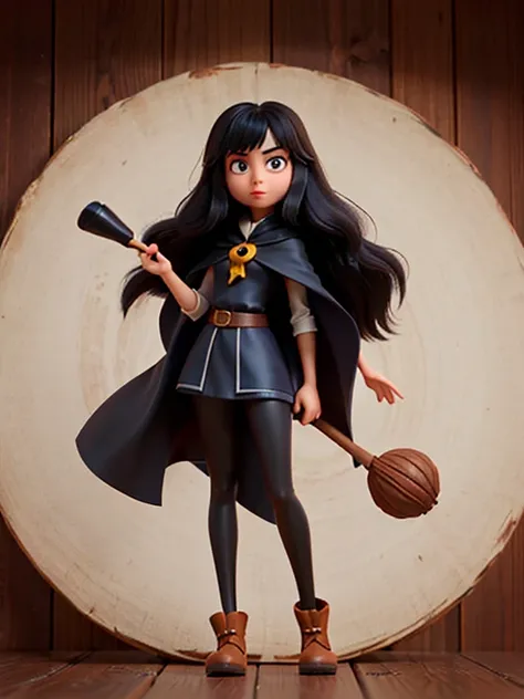 Disney, Pixar, an asian woman, Girl with long black hair, without bangs,  with big brown eyes, cape, woods, witchy, strict, Lonely, Magic