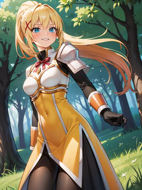 (in 8K, Raw photography, Best Quality, masutepiece: 1.2), high-definition RAW color photography, Professional Photography, Cinematic Light, (animesque:1.2), (1womanl), a blond, ((ksdarkness, ponytail, x hair ornament, armor, shoulder armor, bodysuit, black...
