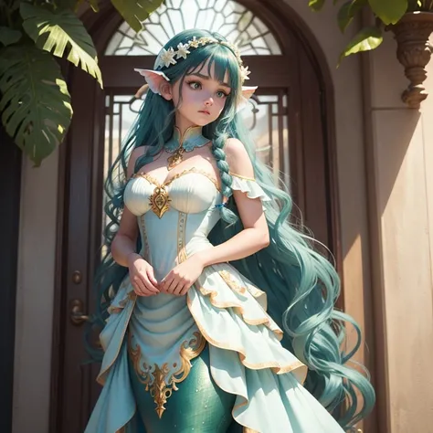 ( detailed face) mermaid Single female with legs. Fin ears(Dark green)wavy hair(braided). Standing up (facing forward).  Blue eyes. White and gold dress. Shell hair ornaments