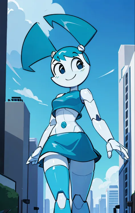 High quality portrait of Jenny Wakeman walking down a futuristic city. Day time. Looking at viewer. Smiling. Robot body, robot joints. Blue bolt on belly button, blue mini skirt