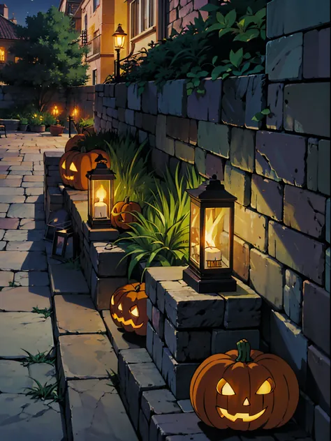 Patio with grass. Halloween lamp with candles and pumpkins. Clima de Haloween. Fundo do anime. Well-defined dash. intrincate details. manga cover. poster