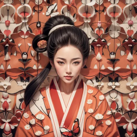 A beautiful geisha, with black hair, full lips, beautiful eyes, silky skin, wearing a bun on her head, wearing a pink kimono adorned with white flowers, posing in the middle of a field of Asian ranunculus flowers, with a butterfly flying by her front, beau...