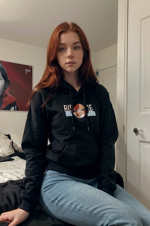 long red head girl, who is short in height, freckles, round face, blue eyes, black hoodie, blue skinny jeans cuffed, sitting in bedroom