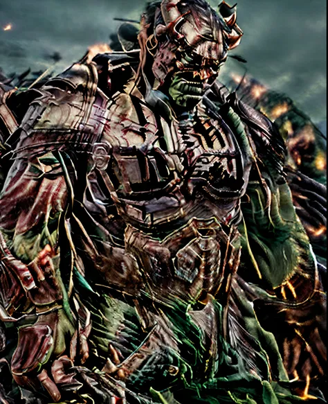 (extremely detailed 8k wallpaper), Close-up ( hulk From Marvel dressed in Goth style: 1.3) emerging from the the demons world, blood, extremely detailed, smoke, sparks, metal shavings, flying debris, volumetric light