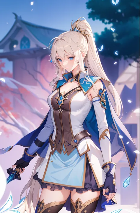 garota anime com longos cabelos loiros e vestido azul em frente a uma janela, portrait knights of zodiac girl, estilo shadowverse, Grande Ordem do Destino, granblue fantasia, estilo anime como faay night, Lianna, Artoria Pendragon, Keqing de Genshin Impact...